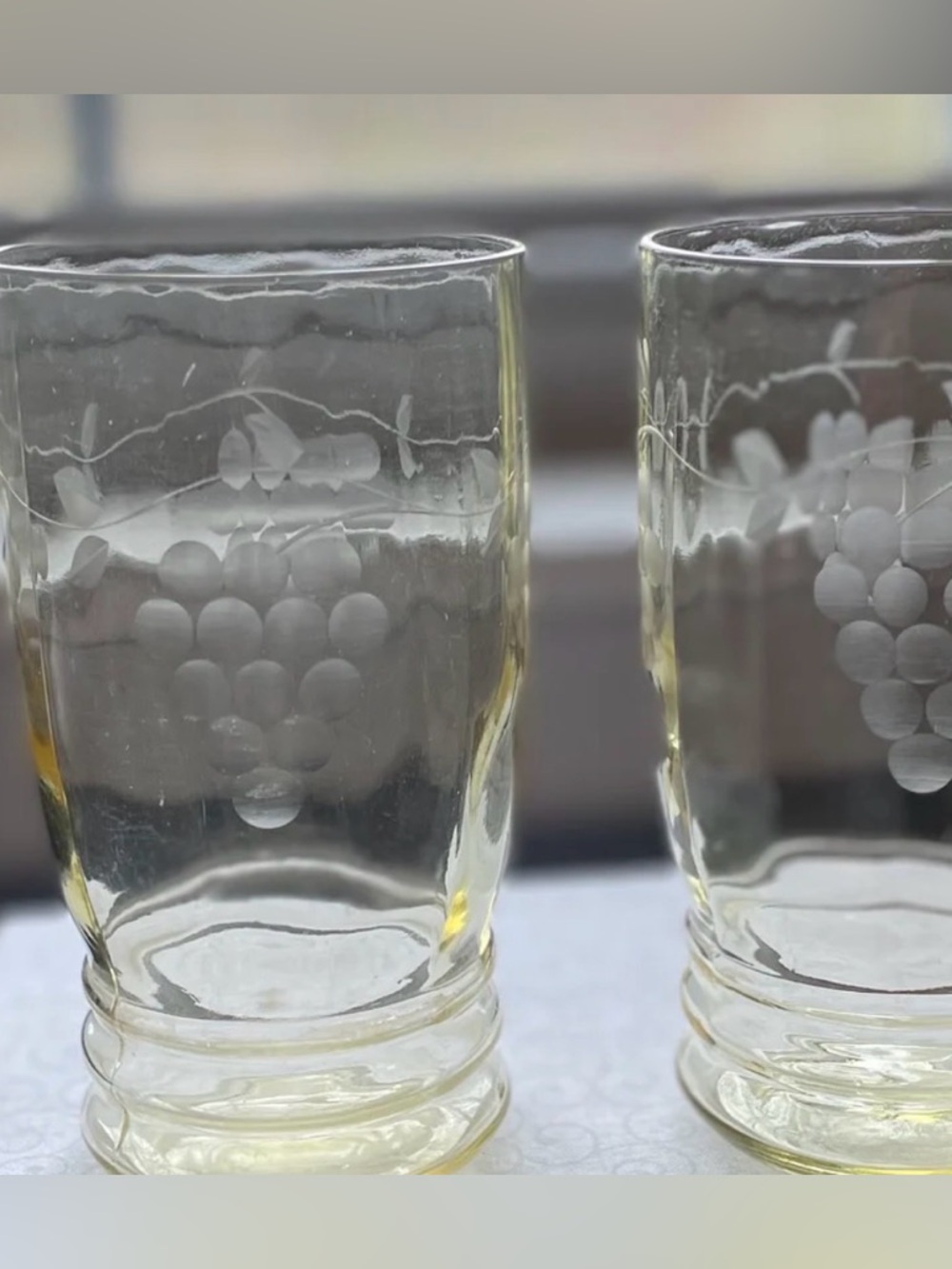 Depression Standard Glass Manufacturing Yellow Etched Grape Pair Tumblers 1930